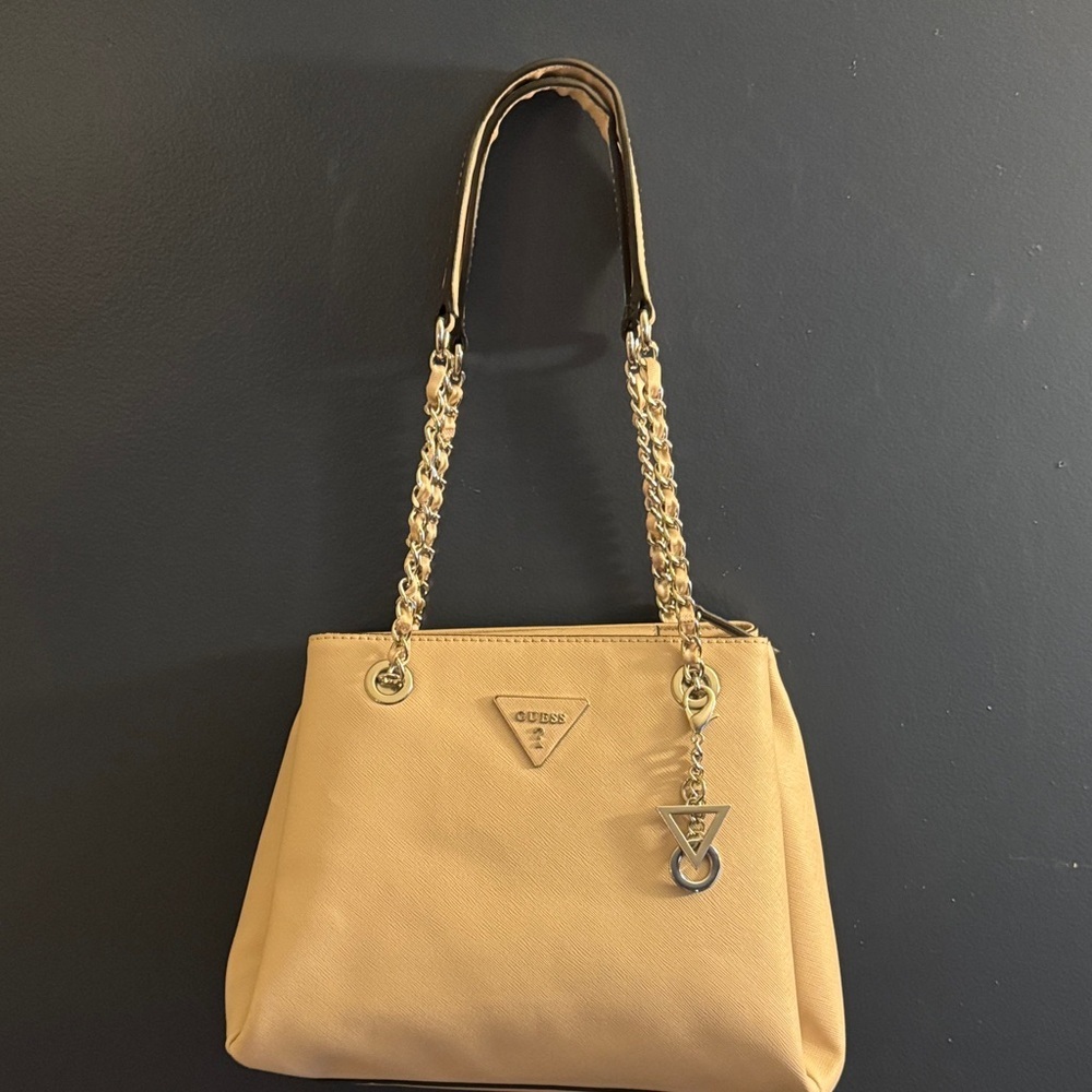 Guess Tan Shoulder Bag with Gold Chain Detail